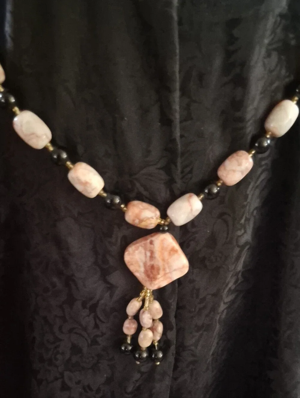 Pink Stone Beaded Pendant Necklace - Women Jewelry Black Onix And Shells. Heavy